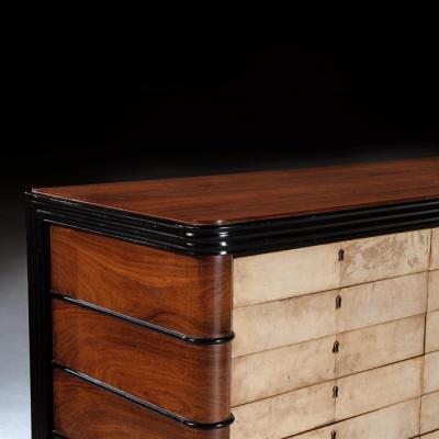 Art Deco Palisander Commode of Unusual Form With Parchment Covered Drawers
