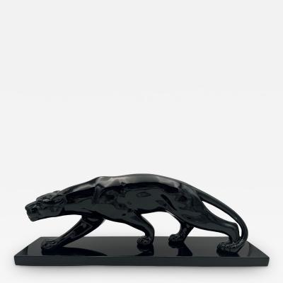 Art Deco Panther Sculpture Black Lacquer Ceramic France circa 1930