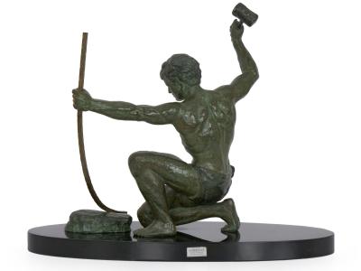 Art Deco Period Cold Painted Metal Sculpture of Man Hammering Bronze circa 1930s