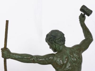 Art Deco Period Cold Painted Metal Sculpture of Man Hammering Bronze circa 1930s