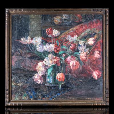 Art Deco Period Still live painting with tulips signed mon 