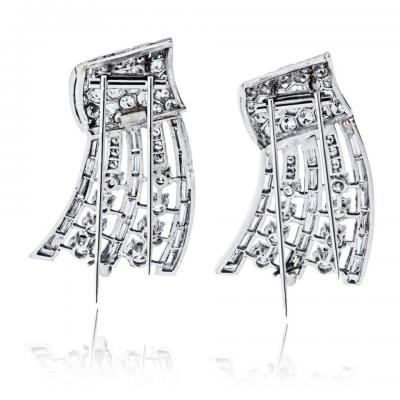 Art Deco Platinum 1930s 15 00cttw Diamond Double Clip Brooch
