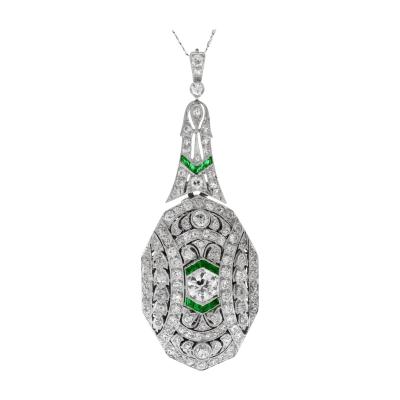 Art Deco Platinum Diamond Emerald Locket Pendant