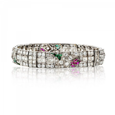 Art Deco Platinum Diamond Ruby Emerald And Onyx Bracelet