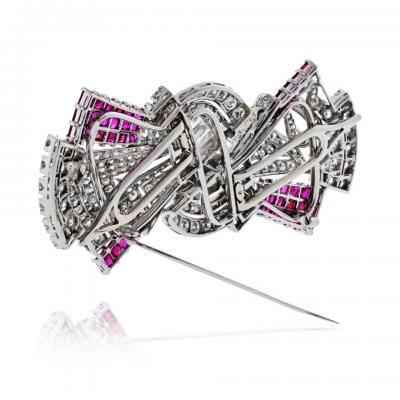 Art Deco Platinum Double Clip Diamond And Ruby Brooch