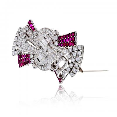 Art Deco Platinum Double Clip Diamond And Ruby Brooch