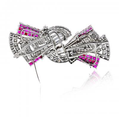 Art Deco Platinum Double Clip Diamond And Ruby Brooch