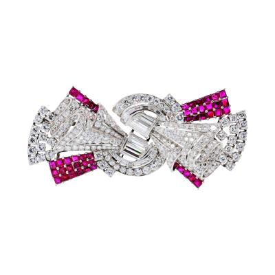 Art Deco Platinum Double Clip Diamond And Ruby Brooch