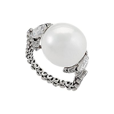 Art Deco Platinum Ring with a Baroque Pearl and Diamonds