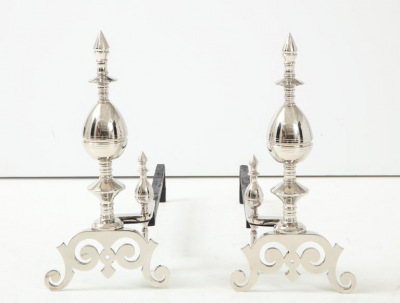 Art Deco Polished Nickel Spire Topped Andirons