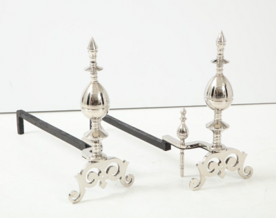 Art Deco Polished Nickel Spire Topped Andirons