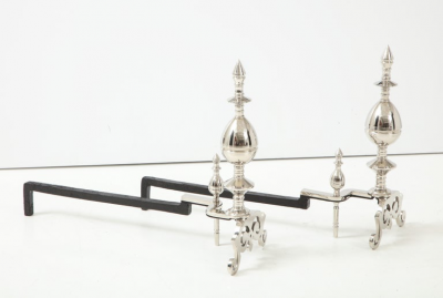 Art Deco Polished Nickel Spire Topped Andirons
