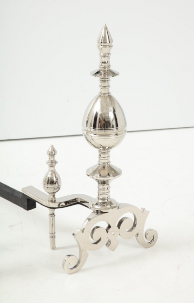 Art Deco Polished Nickel Spire Topped Andirons