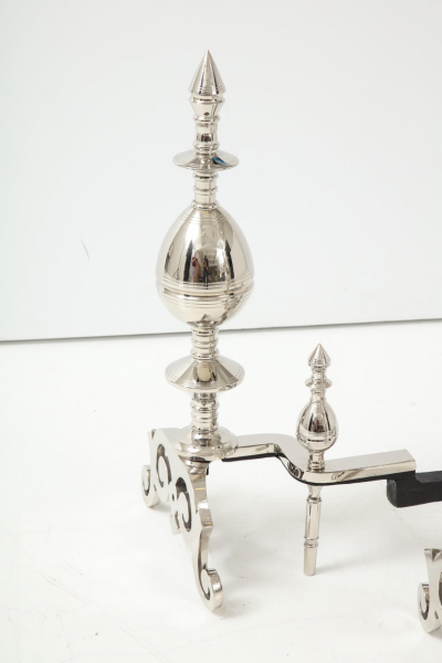 Art Deco Polished Nickel Spire Topped Andirons