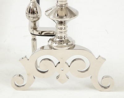 Art Deco Polished Nickel Spire Topped Andirons