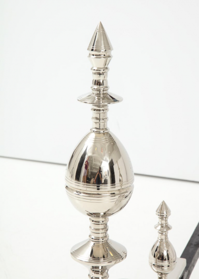Art Deco Polished Nickel Spire Topped Andirons