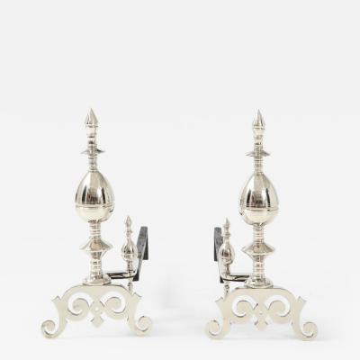 Art Deco Polished Nickel Spire Topped Andirons