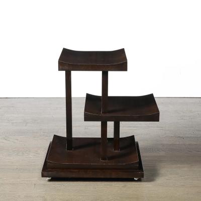 Art Deco Rectilinear Swooping Three Tier Walnut Offset Side Table w Plinth Base
