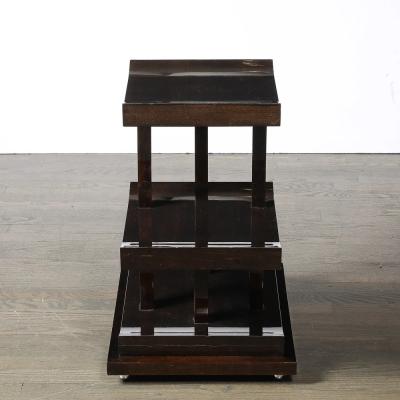Art Deco Rectilinear Swooping Three Tier Walnut Offset Side Table w Plinth Base