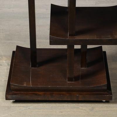 Art Deco Rectilinear Swooping Three Tier Walnut Offset Side Table w Plinth Base