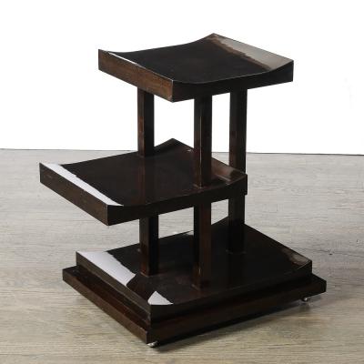 Art Deco Rectilinear Swooping Three Tier Walnut Offset Side Table w Plinth Base
