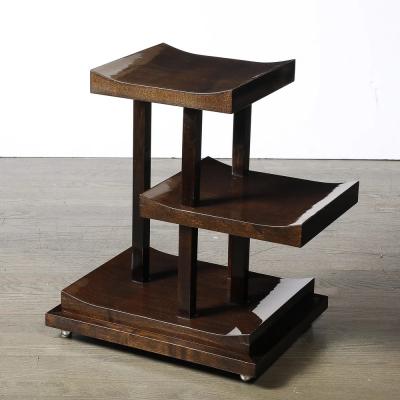 Art Deco Rectilinear Swooping Three Tier Walnut Offset Side Table w Plinth Base