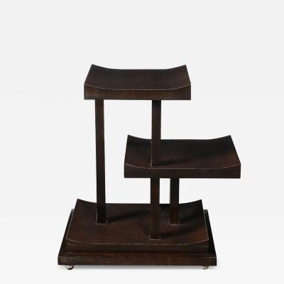 Art Deco Rectilinear Swooping Three Tier Walnut Offset Side Table w Plinth Base