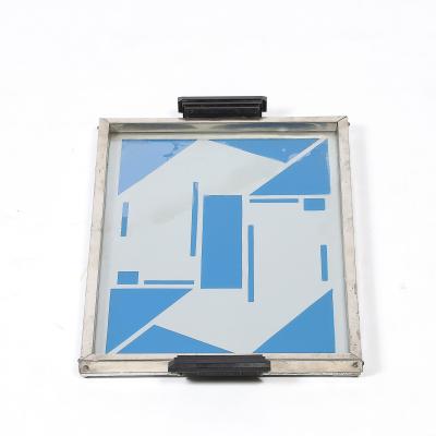 Art Deco Reverse Eglomise Blue White Geometric Motif in Nickel Bakelite Tray
