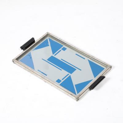 Art Deco Reverse Eglomise Blue White Geometric Motif in Nickel Bakelite Tray