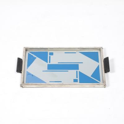 Art Deco Reverse Eglomise Blue White Geometric Motif in Nickel Bakelite Tray