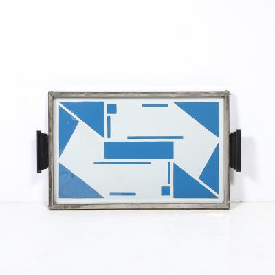 Art Deco Reverse Eglomise Blue White Geometric Motif in Nickel Bakelite Tray