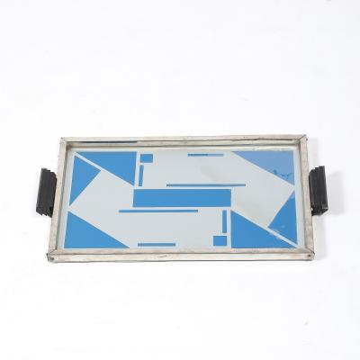 Art Deco Reverse Eglomise Blue White Geometric Motif in Nickel Bakelite Tray
