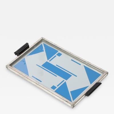 Art Deco Reverse Eglomise Blue White Geometric Motif in Nickel Bakelite Tray