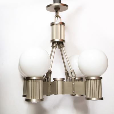Art Deco Revival Four Arm Brushed Nickel Frosted Glass Chandelier