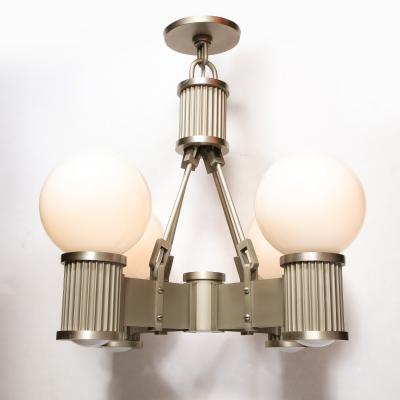 Art Deco Revival Four Arm Brushed Nickel Frosted Glass Chandelier