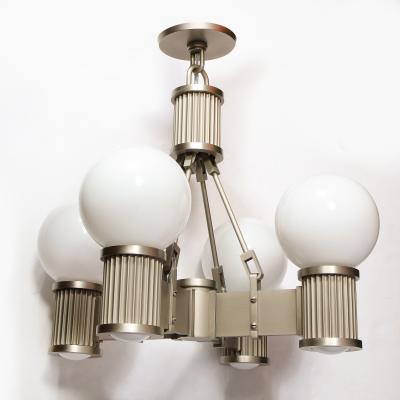 Art Deco Revival Four Arm Brushed Nickel Frosted Glass Chandelier