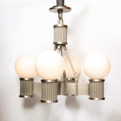 Art Deco Revival Four Arm Brushed Nickel Frosted Glass Chandelier