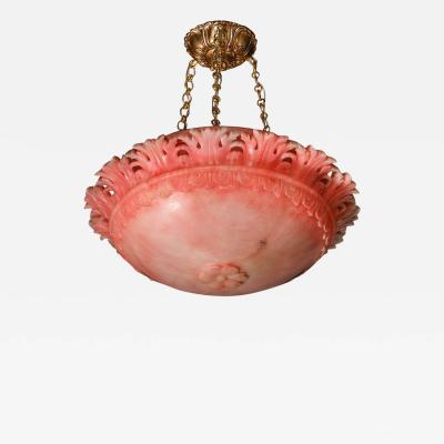 Art Deco Rose Alabaster Stylized Acanthus Pendant Chandelier w Brass Fittings