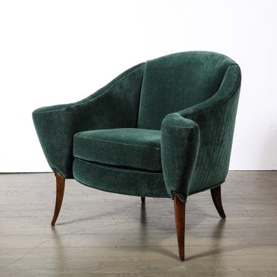 Art Deco Scroll Form Lounge Chair W Walnut Supports in Viridian Velvet Mohair
