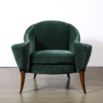 Art Deco Scroll Form Lounge Chair W Walnut Supports in Viridian Velvet Mohair