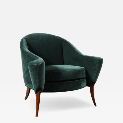 Art Deco Scroll Form Lounge Chair W Walnut Supports in Viridian Velvet Mohair