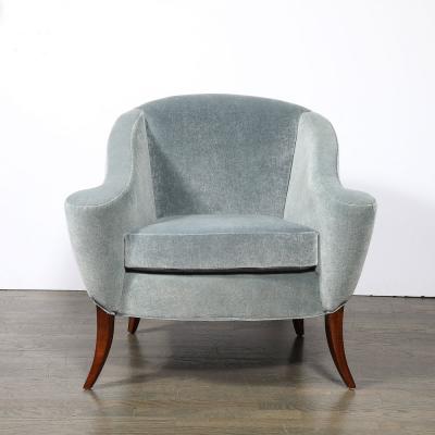 Art Deco Scroll Form Lounge Chair w Walnut Supports Powder Blue Velvet Mohair