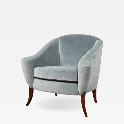 Art Deco Scroll Form Lounge Chair w Walnut Supports Powder Blue Velvet Mohair