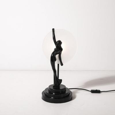 Art Deco Sculptural Nude Table Lamp in Black Enamel Frosted Glass