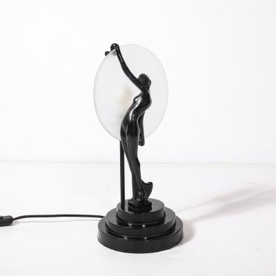 Art Deco Sculptural Nude Table Lamp in Black Enamel Frosted Glass