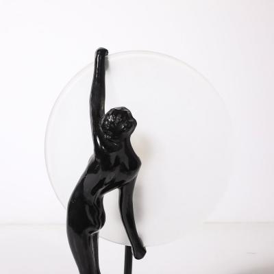 Art Deco Sculptural Nude Table Lamp in Black Enamel Frosted Glass