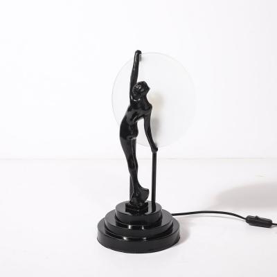 Art Deco Sculptural Nude Table Lamp in Black Enamel Frosted Glass