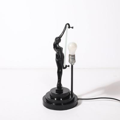 Art Deco Sculptural Nude Table Lamp in Black Enamel Frosted Glass