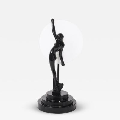 Art Deco Sculptural Nude Table Lamp in Black Enamel Frosted Glass