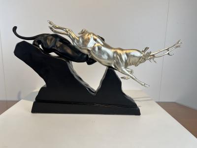 Art Deco Sculpture of a Deer and Panther by Rochard White Gold France c 1930
